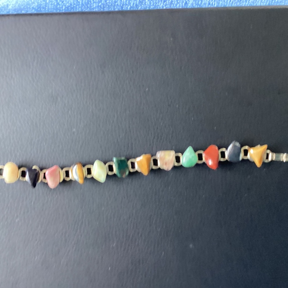 Vintage Silver Tone Bracelet with 12 Semi Precious Polished Stones